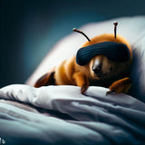 A bee asleep in a bed with a sleep mask over its eyes