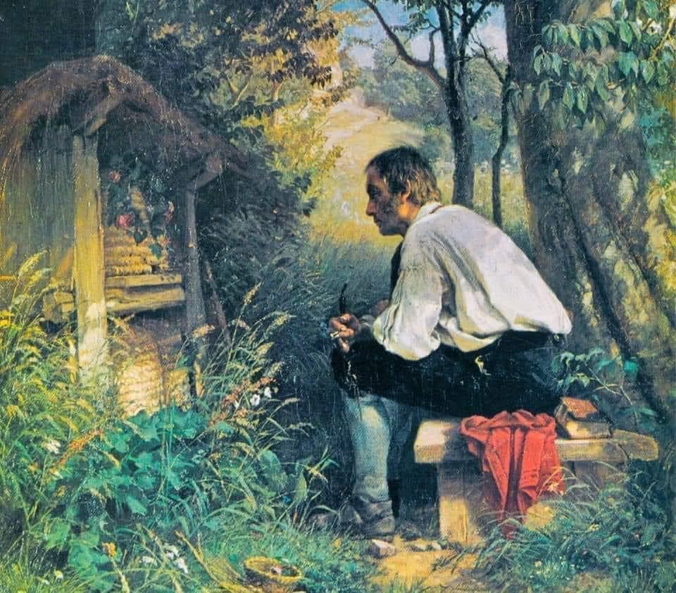 oil painting of a beekeeper sitting in front of his hves having a conversation about death with his bees